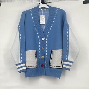 Jascls nwt oversize blue novelty colorful button pocket cardigan